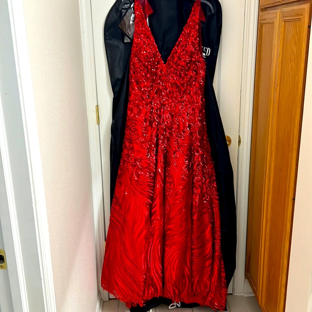 Red sequenced prom dress